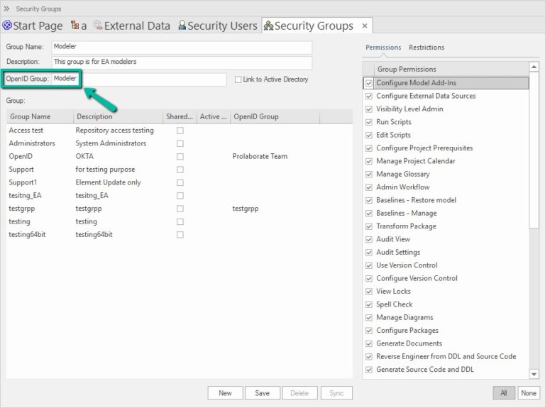 configuring security groups in enterprise architect