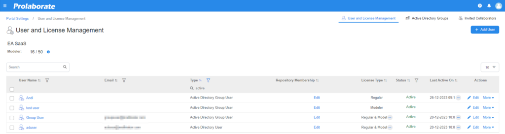 how to find active directory user in ea saas portal's user management